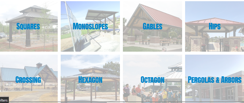 Overview of commercial shade structure roof styles: squares, monoslopes, gables, hips, crossing, hexagon, octagon, and pergolas and arbors